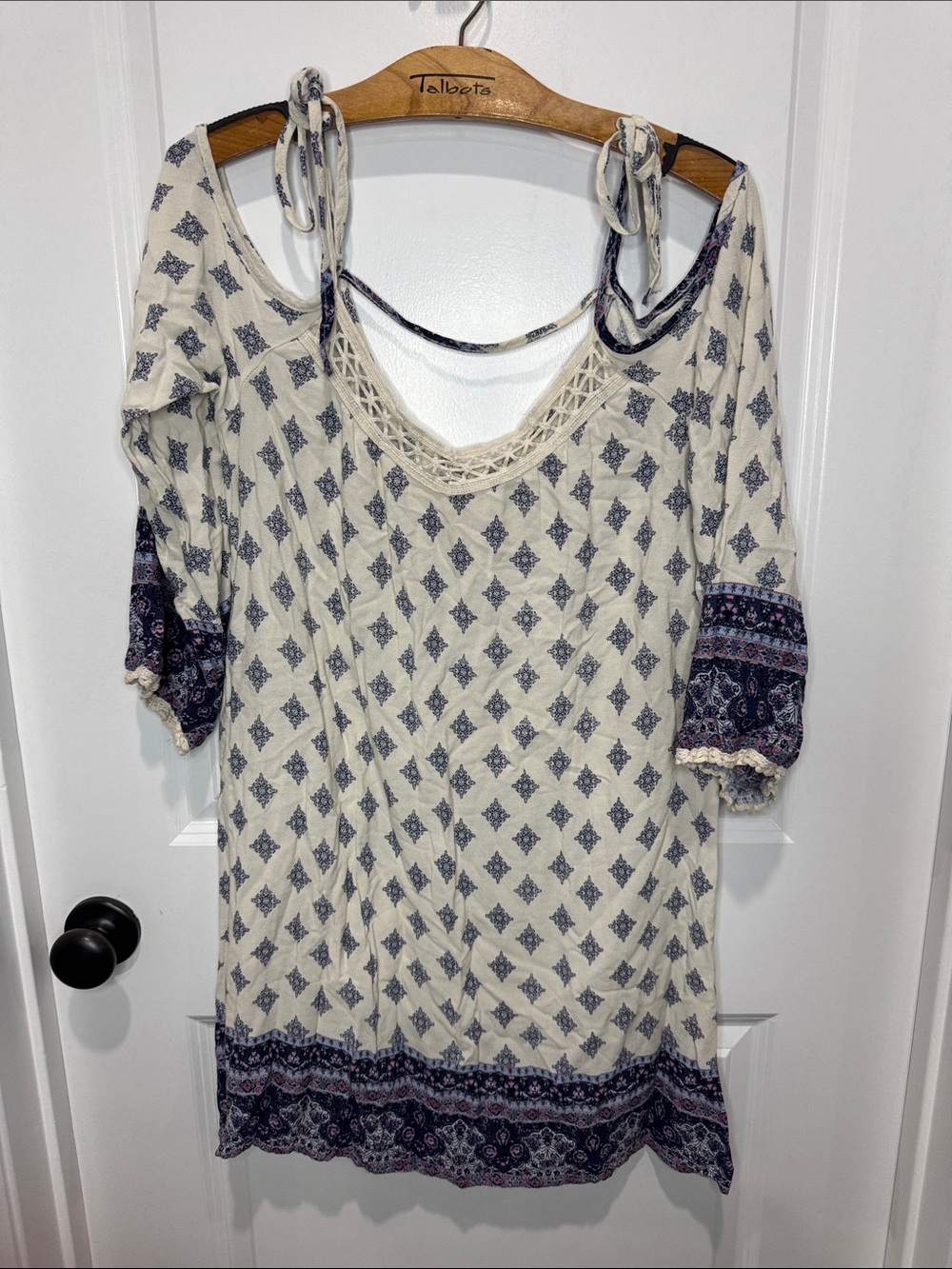 Rewind Cream and Navy Boho Tie-Shoulder Tunic dress